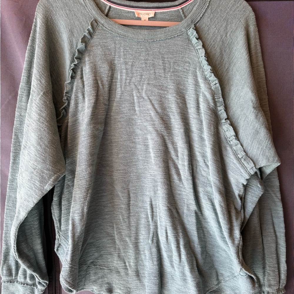 Pilcro Sage Green Ruffle-Trim Pullover